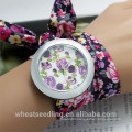 2015 Hot Selling Geneva Flower Print Fabric Wrap Bracelet Watch for Lady